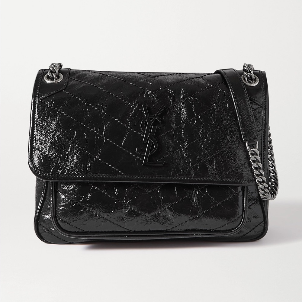 NWOT Yves Saint YSL Laurent Niki Medium Crinkled Leather Shoulder Bag in Black